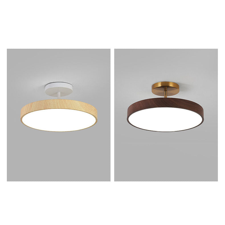 Elegant Japanese Wabi-Sabi Minimalist Wood-Grain Round LED Semi-Flush Mount Ceiling Light