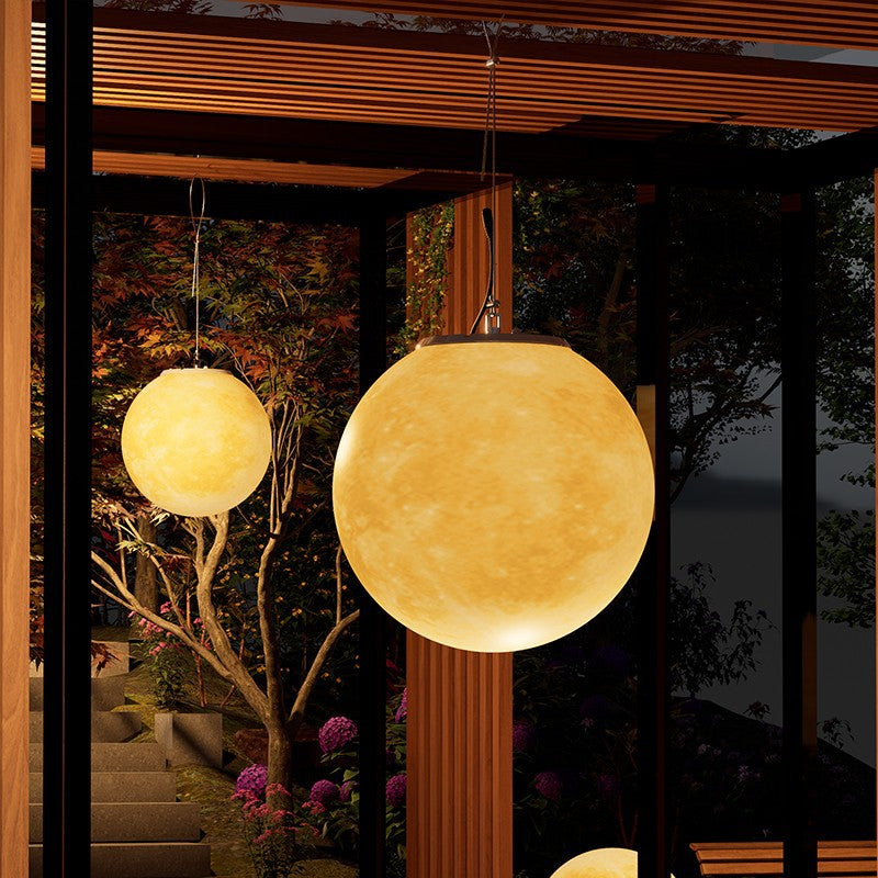 Nordic Contemporary Solar Moon LED Pendant Light – Waterproof Round PE Resin Outdoor Patio Lighting
