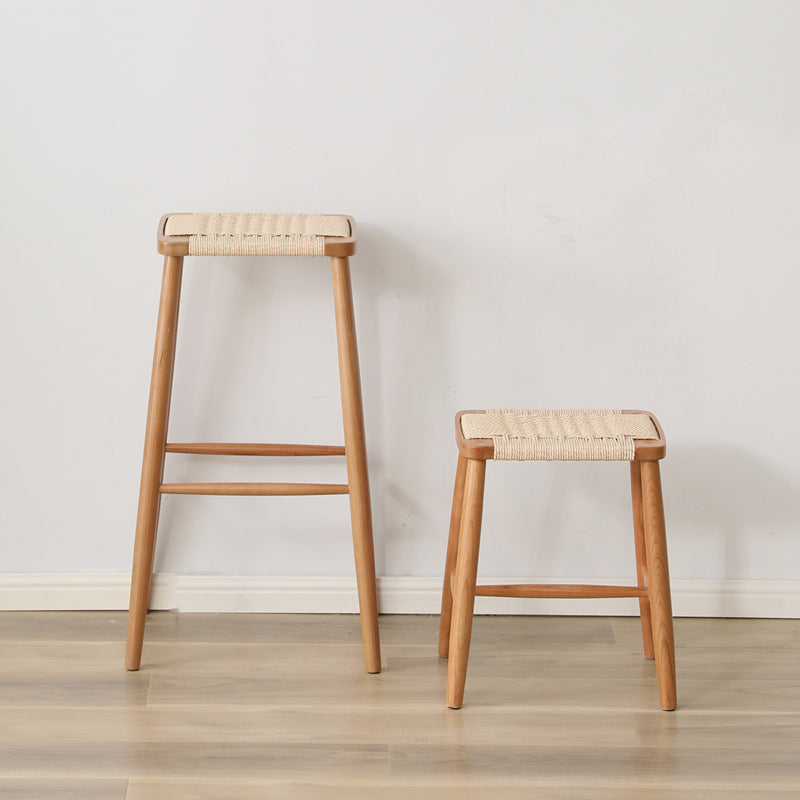 Elegant Traditional Japanese Rectangular Rope-Woven Wooden Bar Stool for the Dining Room