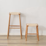 Elegant Traditional Japanese Rectangular Rope-Woven Wooden Bar Stool for the Dining Room