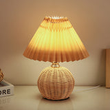 Chic Nordic Rattan Fabric Pleated Conic Ball LED Table Lamp for Bedroom - Modern Ambient Lighting