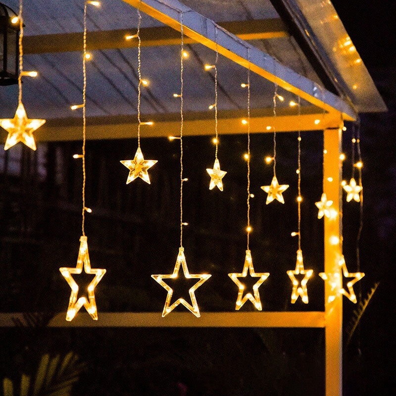 Solar-Powered LED Curtain Lights – Star & Moon Design, Outdoor Christmas String Lights for Patio, Garden and Camping