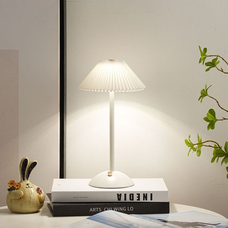 Modern Scandinavian Rechargeable Table Lamp – Iron Frame, Pleated Conical Fabric Shade, 1-Light, Perfect for Bedside