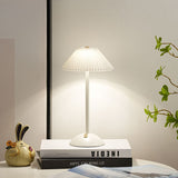 Modern Scandinavian Rechargeable Table Lamp – Iron Frame, Pleated Conical Fabric Shade, 1-Light, Perfect for Bedside