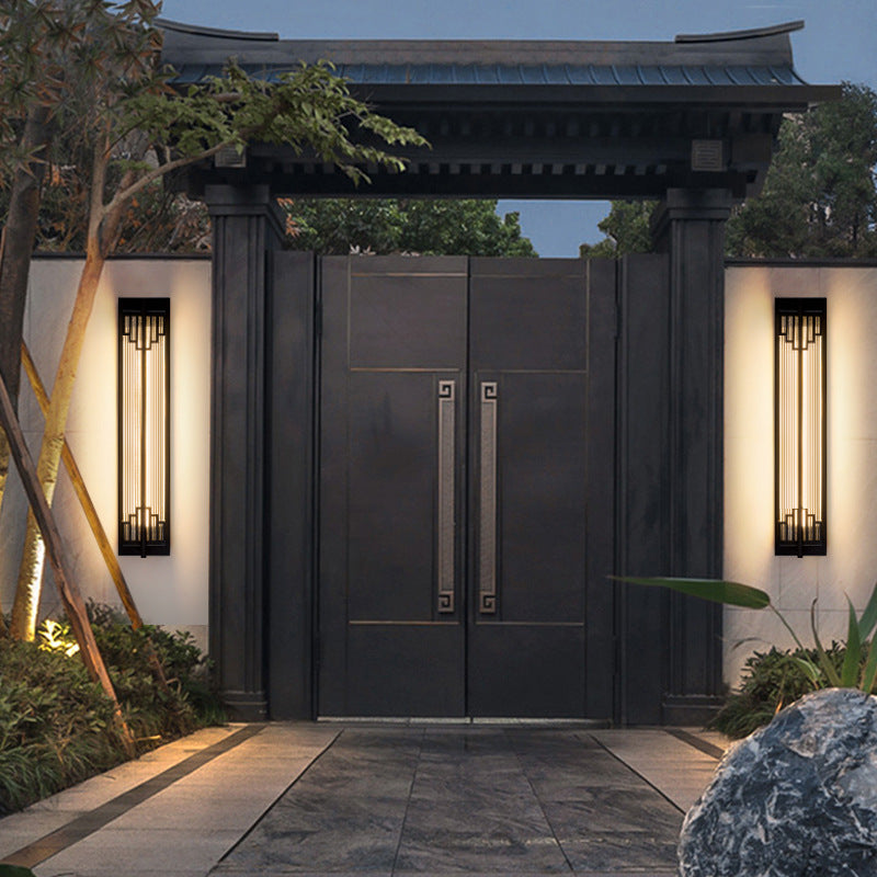 Traditional Chinese-Style Waterproof LED Outdoor Wall Sconce Lamp – Rectangular Stainless Steel Glass for Patio
