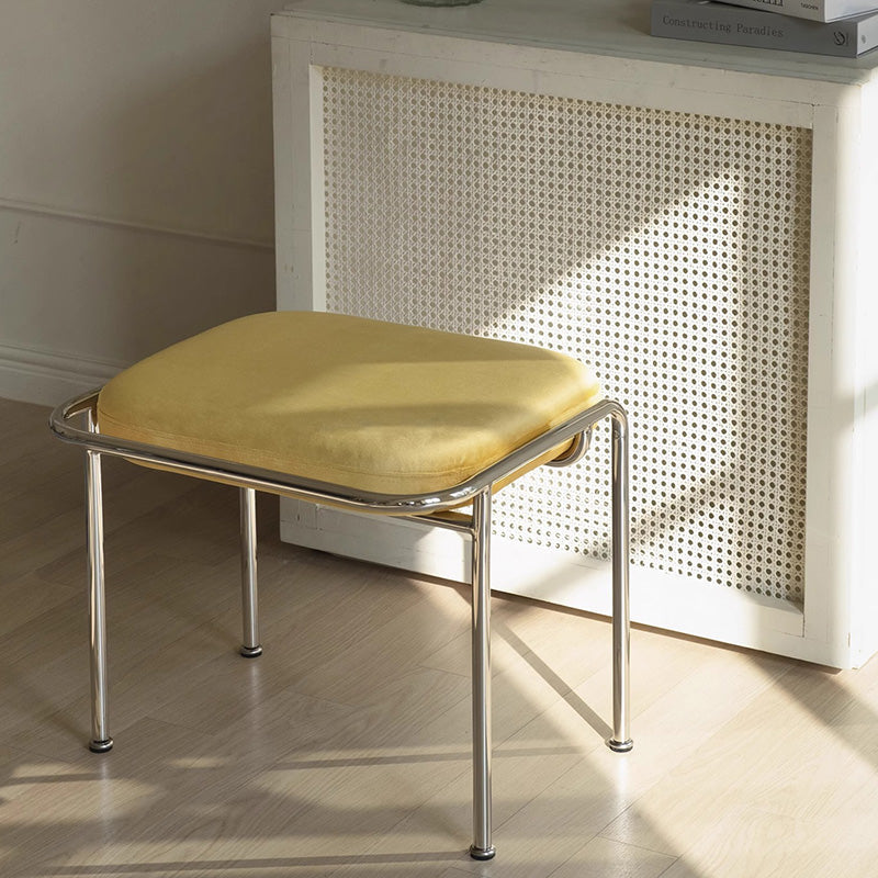 Modern Scandinavian Vanity Stool – Square, Cotton-Linen Upholstery, Stainless Steel Frame, Backless, for Bedroom