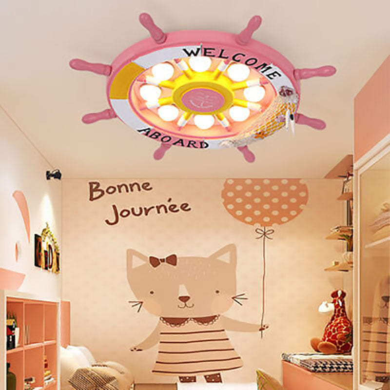 Whimsical Cartoon Sailboat LED Flush-Mount Ceiling Light with Helmsman Figure - Plastic Construction