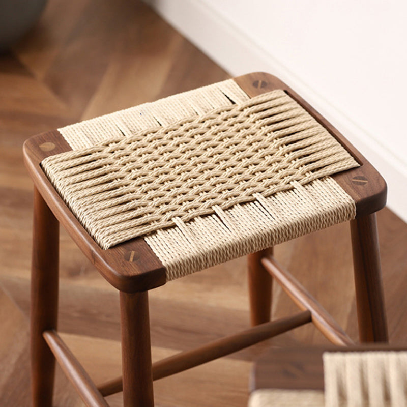 Elegant Traditional Japanese Rectangular Rope-Woven Wooden Bar Stool for the Dining Room