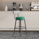 Sleek Contemporary Nordic Round Bar Stool Upholstered in Cotton-Linen Fabric with Backrest and Footrest for Dining Room