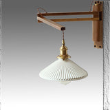 Nordic Milk-White Striped Glass and Walnut 1-Light Wall Sconce with Retractable Arm