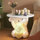 Modern Art Deco Kids Rabbit End Table with 1 Drawer and LED Light — Round Top, Resin-Wood Enamel Finish, Bedroom Nightstand