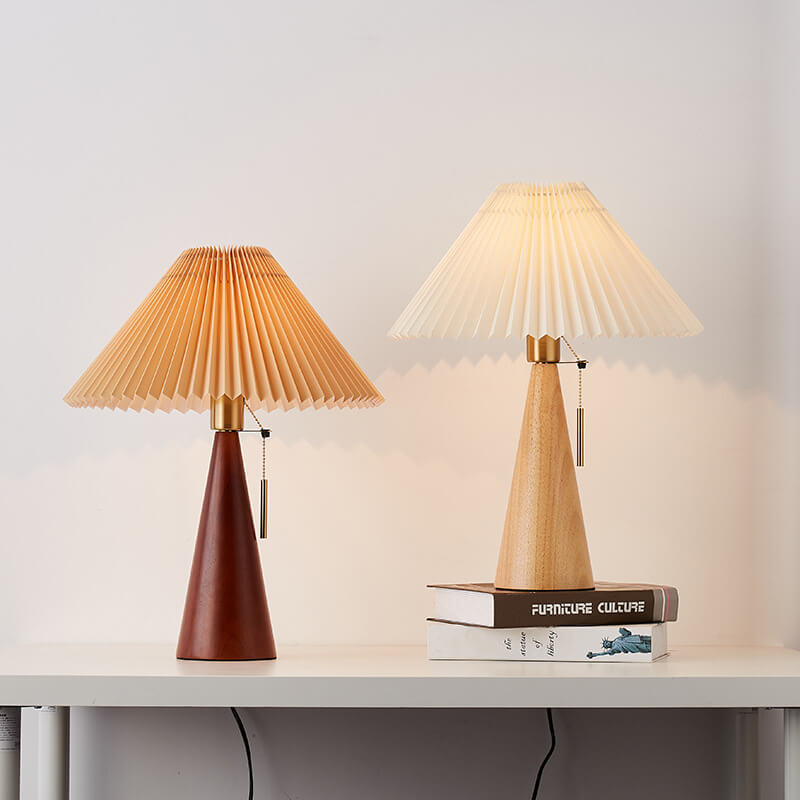 Japanese Minimalist Vintage Pleated Wood and Fabric LED Table Lamp