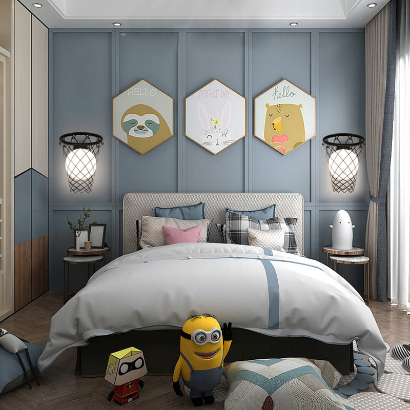 Modern Art Deco Kids' Iron & Glass Basketball Hoop Wall Sconce Lamp – 1-Light Bedroom Lighting