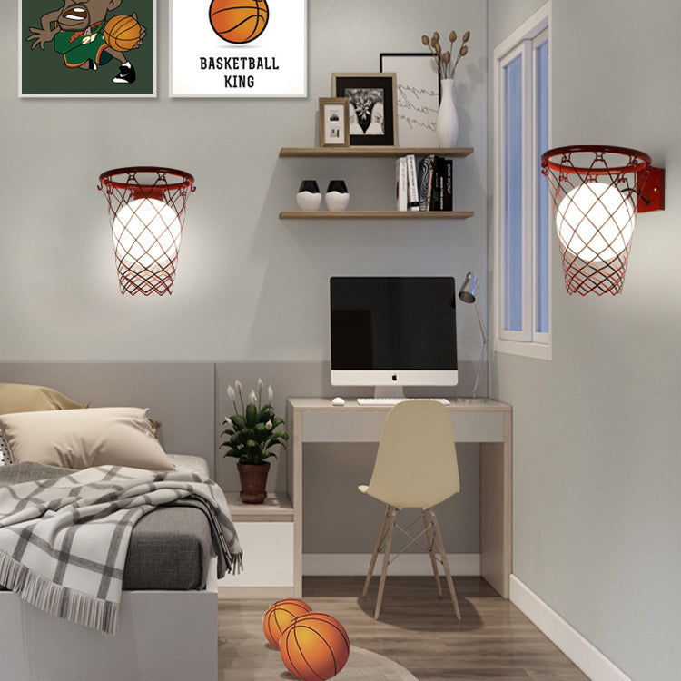 Modern Art Deco Kids' Iron & Glass Basketball Hoop Wall Sconce Lamp – 1-Light Bedroom Lighting
