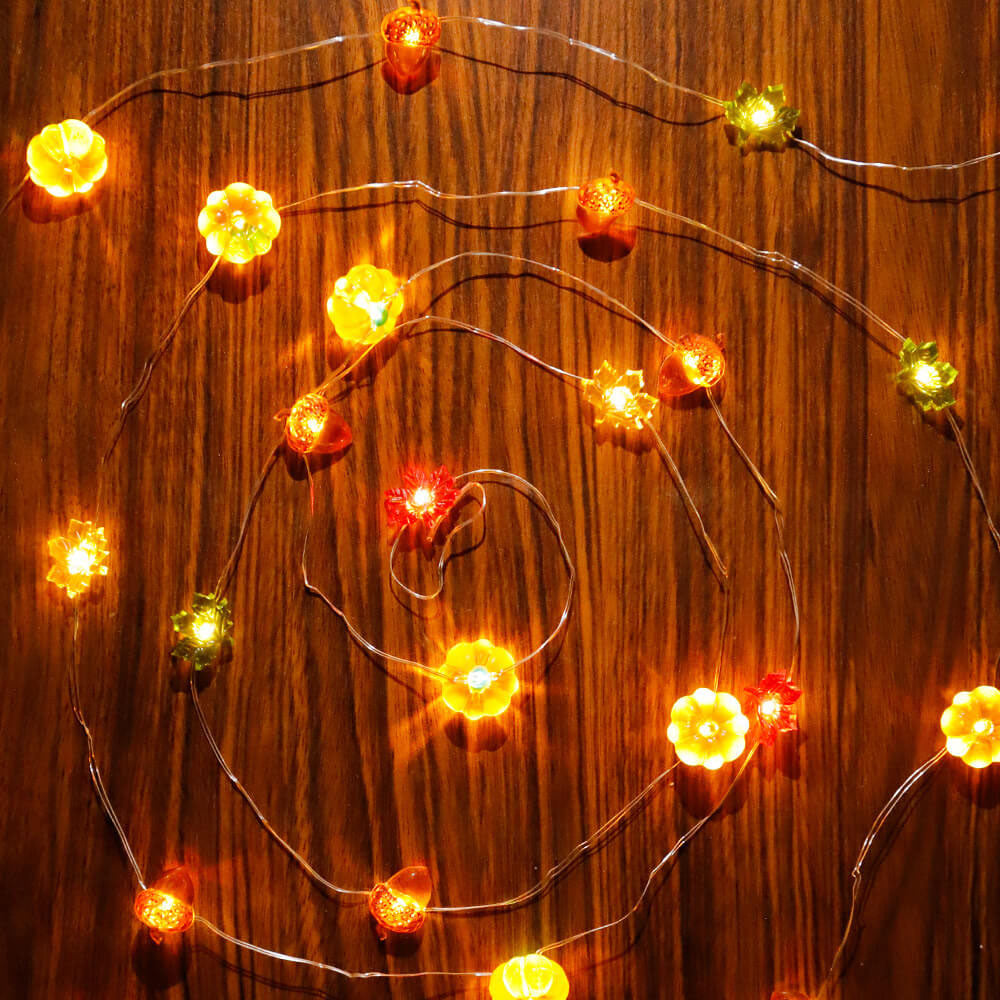 Modern Thanksgiving Maple, Acorn & Pumpkin Decor with 30 LED String Lights