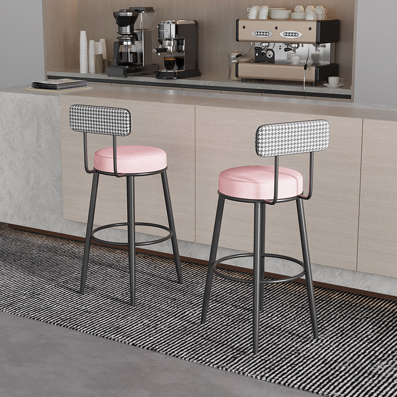Sleek Contemporary Nordic Round Bar Stool Upholstered in Cotton-Linen Fabric with Backrest and Footrest for Dining Room