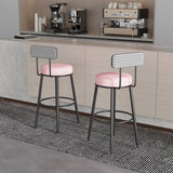 Sleek Contemporary Nordic Round Bar Stool Upholstered in Cotton-Linen Fabric with Backrest and Footrest for Dining Room