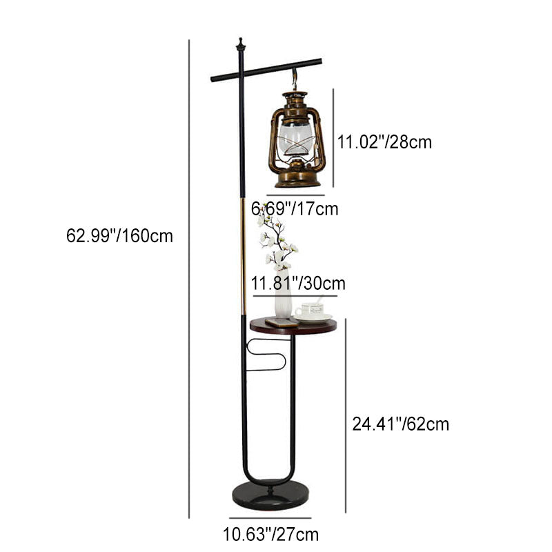 European Vintage Simple Lantern Floor Lamp with Marble Tabletop - Iron & Wood, 1-Light