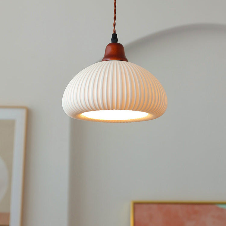 Elegant Japanese Vintage Pleated Ceramic Round Dome Wood 1-Light Pendant Lamp