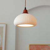 Elegant Japanese Vintage Pleated Ceramic Round Dome Wood 1-Light Pendant Lamp