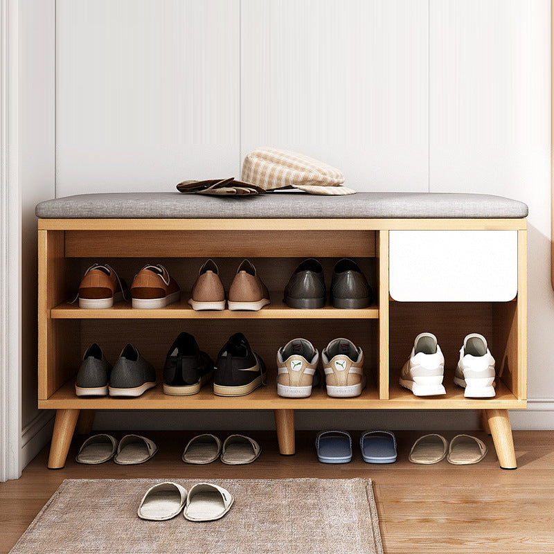 Contemporary Scandinavian Solid Wood Shoe Storage Cabinet, 2-Tier Entryway Organizer with Cotton-Linen Accents