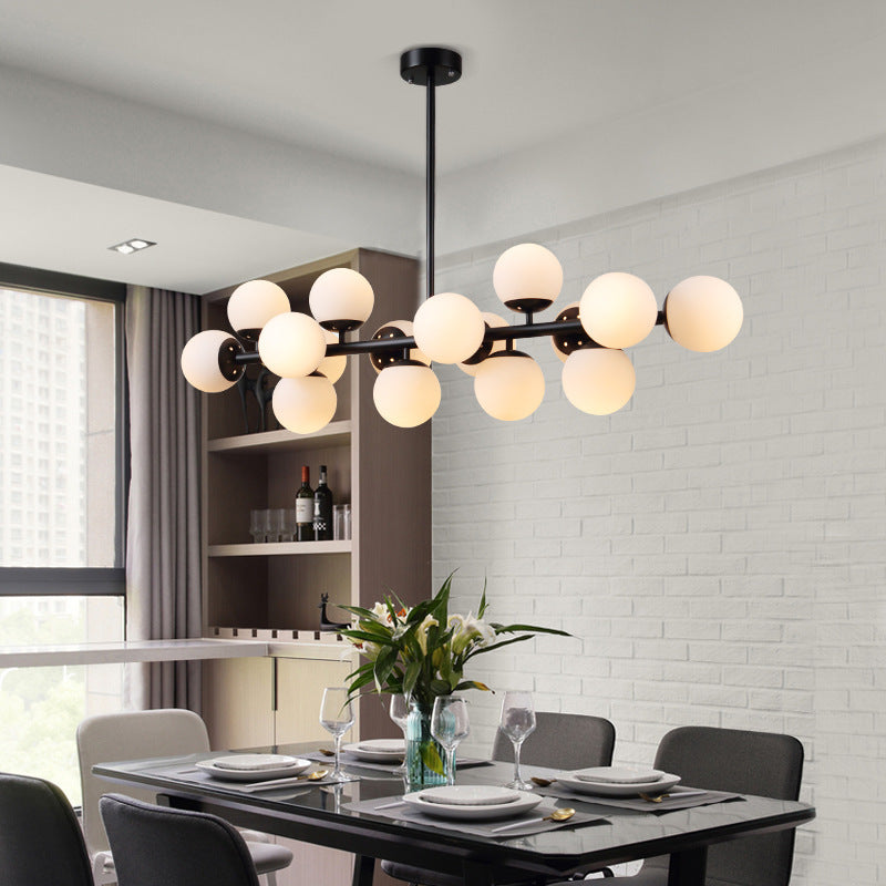 Contemporary Scandinavian Long Round Globe Iron & Glass 16-Light Island Pendant Chandelier for Dining Room