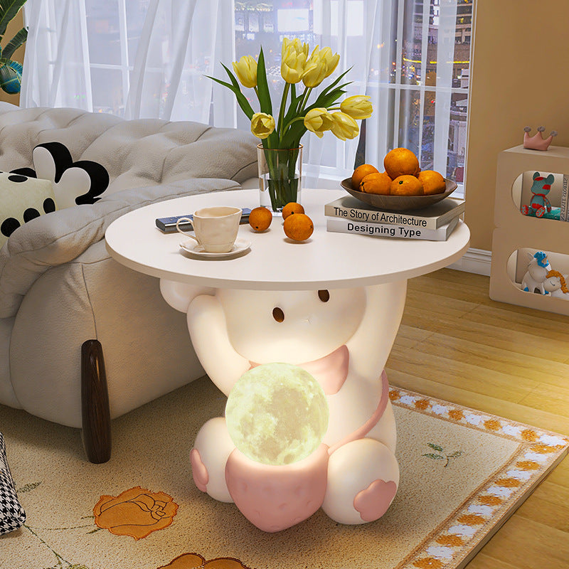 Modern Art Deco Kids Rabbit End Table with 1 Drawer and LED Light — Round Top, Resin-Wood Enamel Finish, Bedroom Nightstand