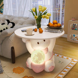 Modern Art Deco Kids Rabbit End Table with 1 Drawer and LED Light — Round Top, Resin-Wood Enamel Finish, Bedroom Nightstand