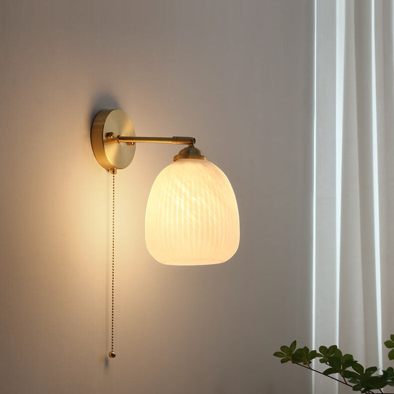 Nordic-Style Milk-White Striped Glass Wall Sconce with Brass Finish - 1-Light Pull-Cord Lamp