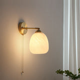 Nordic-Style Milk-White Striped Glass Wall Sconce with Brass Finish - 1-Light Pull-Cord Lamp