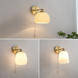Nordic-Style Milk-White Striped Glass Wall Sconce with Brass Finish - 1-Light Pull-Cord Lamp
