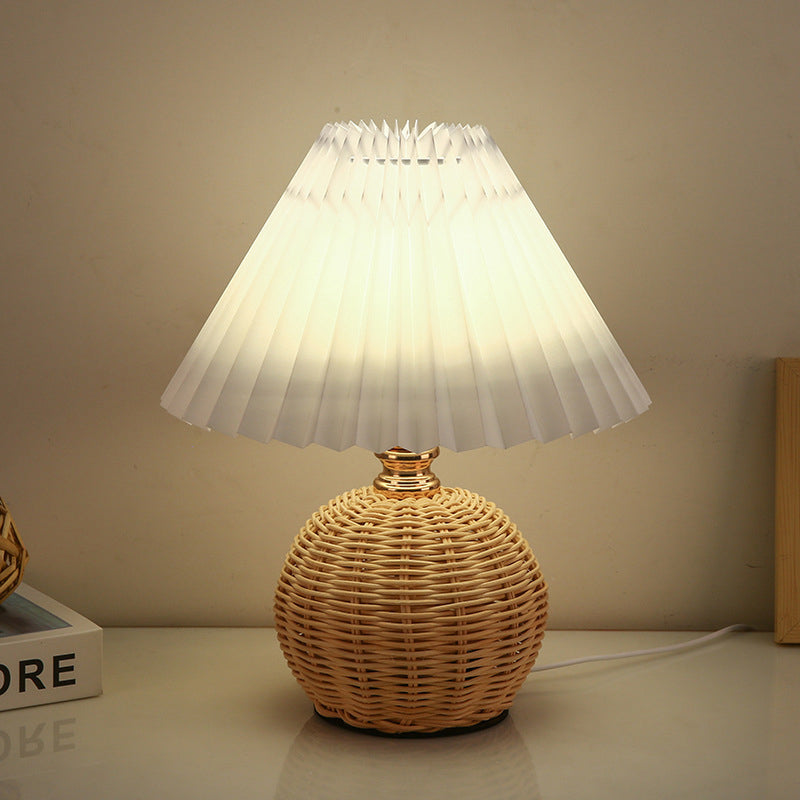Chic Nordic Rattan Fabric Pleated Conic Ball LED Table Lamp for Bedroom - Modern Ambient Lighting
