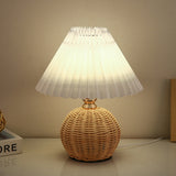 Chic Nordic Rattan Fabric Pleated Conic Ball LED Table Lamp for Bedroom - Modern Ambient Lighting