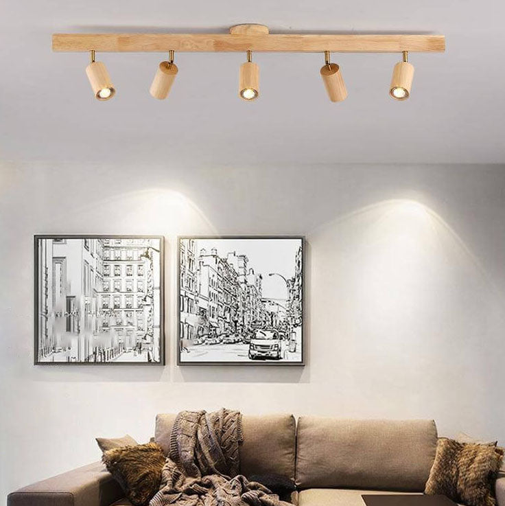 Japanese Minimalist Wooden LED Track Lighting, 2/3/4/5-Light, Semi-Flush Mount Ceiling Light