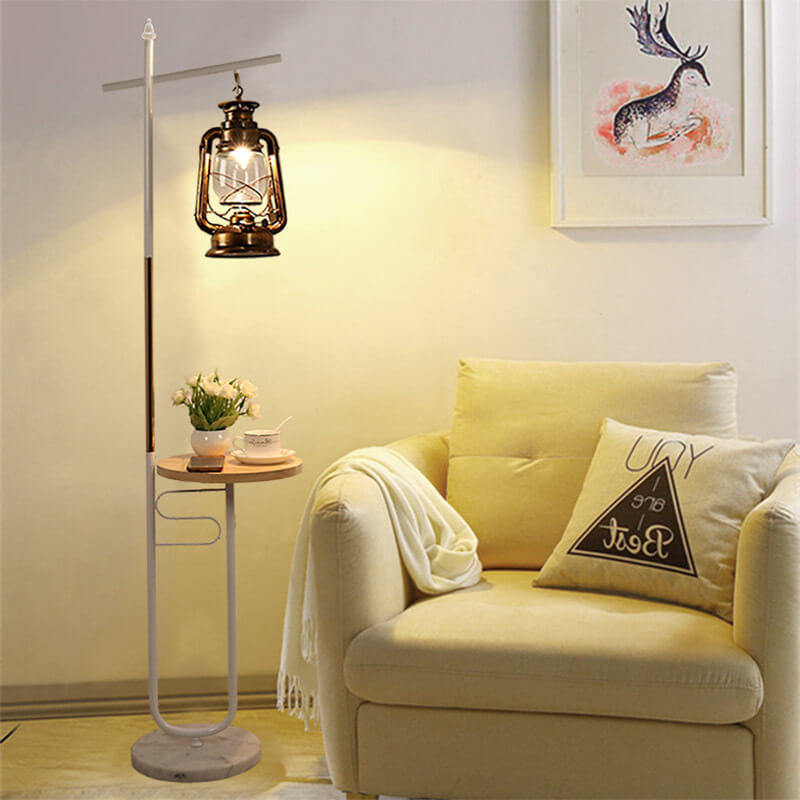 European Vintage Simple Lantern Floor Lamp with Marble Tabletop - Iron & Wood, 1-Light