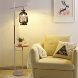 European Vintage Simple Lantern Floor Lamp with Marble Tabletop - Iron & Wood, 1-Light