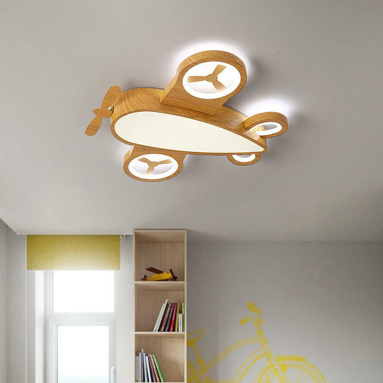 Whimsical Cartoon Aircraft LED Kids' Ceiling Light with Wood Grain Finish — Flush Mount