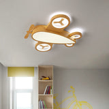Whimsical Cartoon Aircraft LED Kids' Ceiling Light with Wood Grain Finish — Flush Mount