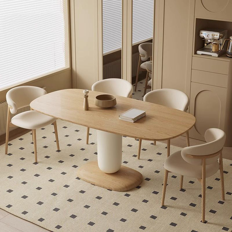 Traditional Japanese Elliptical Ash Wood Dining Table & Faux Leather Chair Set - Oak Finish, Seats 4-6