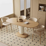 Traditional Japanese Elliptical Ash Wood Dining Table & Faux Leather Chair Set - Oak Finish, Seats 4-6