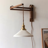 Nordic Milk-White Striped Glass and Walnut 1-Light Wall Sconce with Retractable Arm