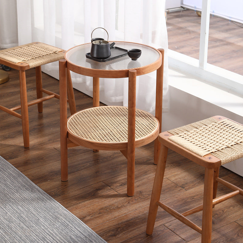 Elegant Traditional Japanese Rectangular Rope-Woven Wooden Bar Stool for the Dining Room