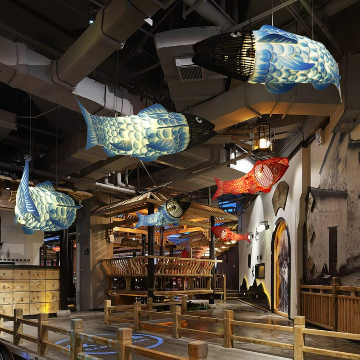 Traditional Chinese Koi Fish Iron Chandelier with PVC Fabric Shade – 2- or 4-Light Dining Room Pendant