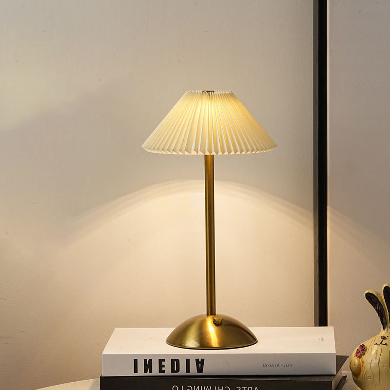Modern Scandinavian Rechargeable Table Lamp – Iron Frame, Pleated Conical Fabric Shade, 1-Light, Perfect for Bedside