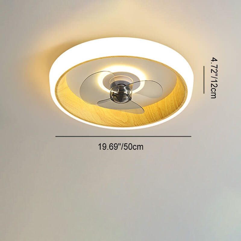 Nordic Minimalist Round LED Flush-Mount Ceiling Fan Light with Wood-Grain Acrylic Finish