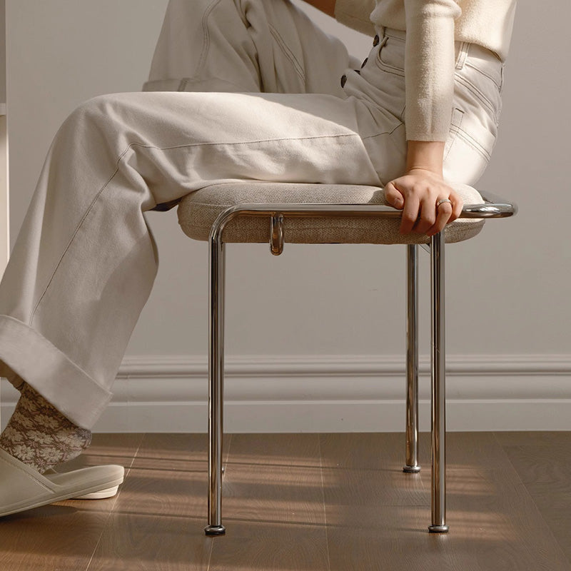 Modern Scandinavian Vanity Stool – Square, Cotton-Linen Upholstery, Stainless Steel Frame, Backless, for Bedroom