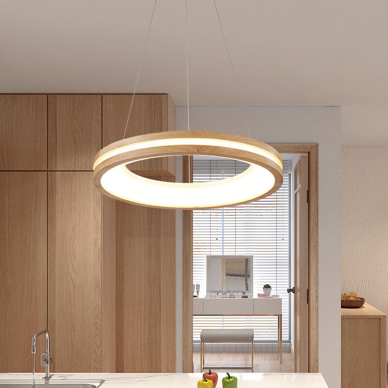 Japanese Minimalist Log-Circle Island LED Chandelier
