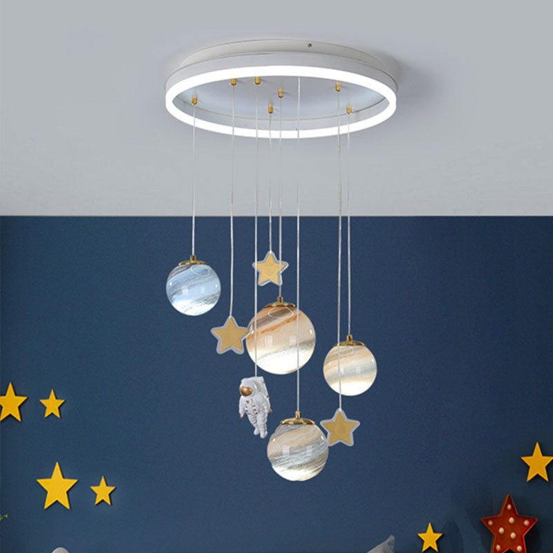 Modern Scandinavian Space Planet LED Kids Flush Mount Ceiling Light with Round Acrylic Glass Shade – Ideal for Bedroom