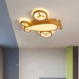 Whimsical Cartoon Aircraft LED Kids' Ceiling Light with Wood Grain Finish — Flush Mount