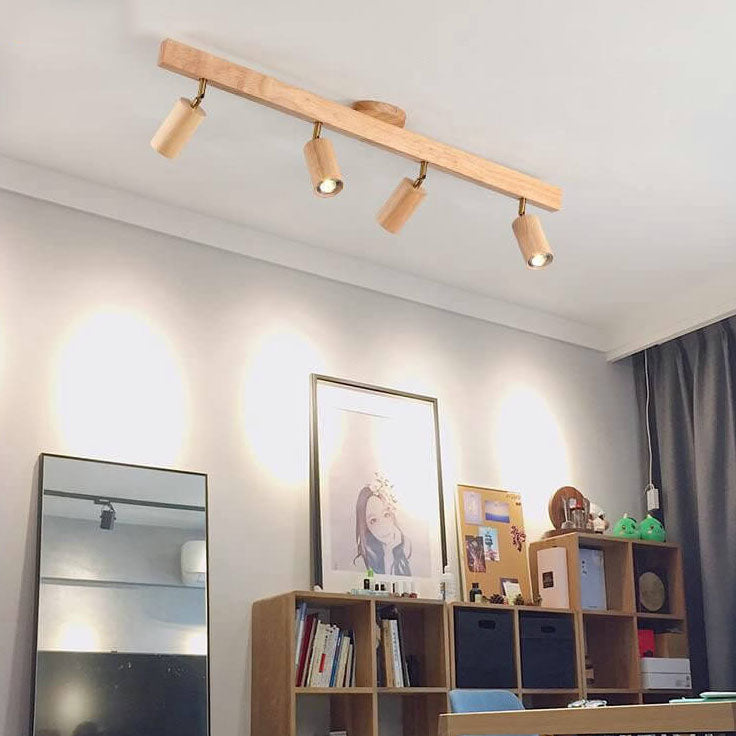 Japanese Minimalist Wooden LED Track Lighting, 2/3/4/5-Light, Semi-Flush Mount Ceiling Light
